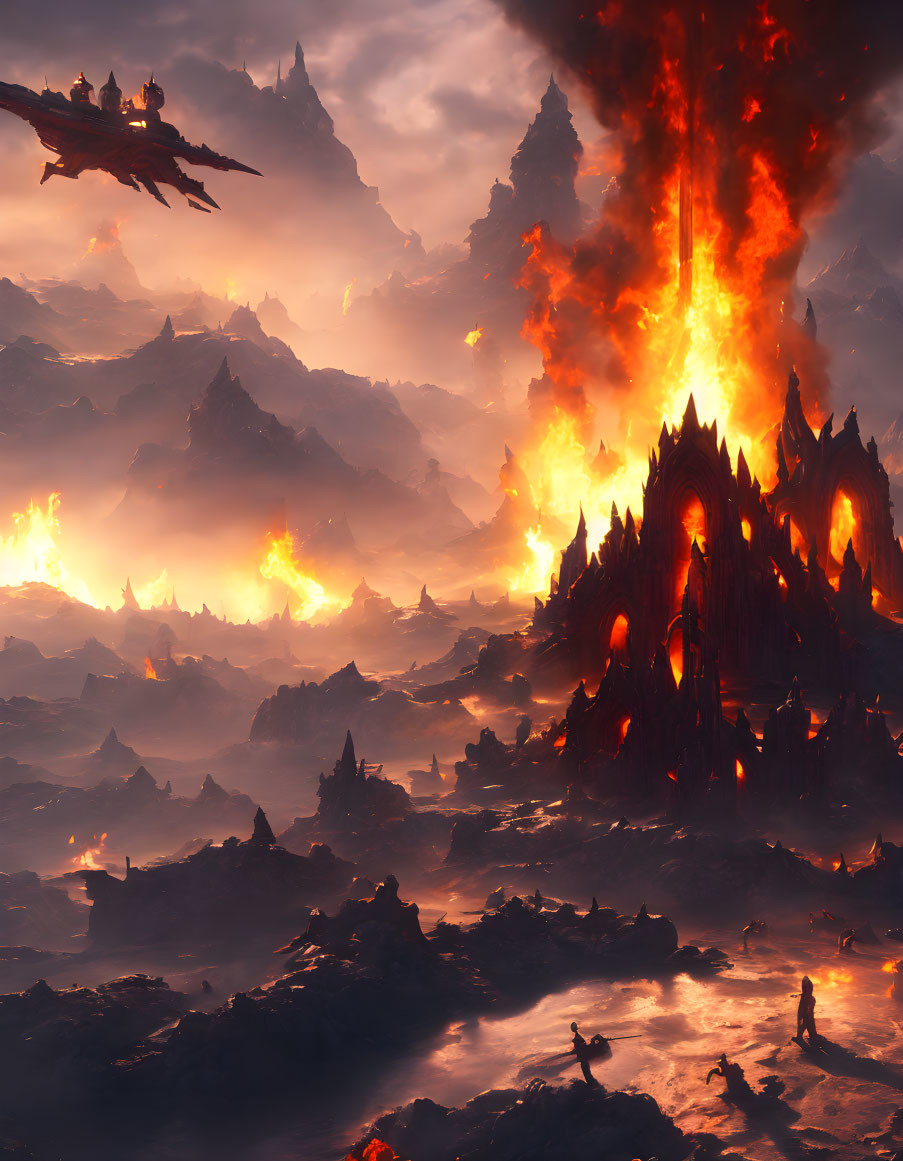 Volcanic landscape with central eruption and silhouetted figures amid embers