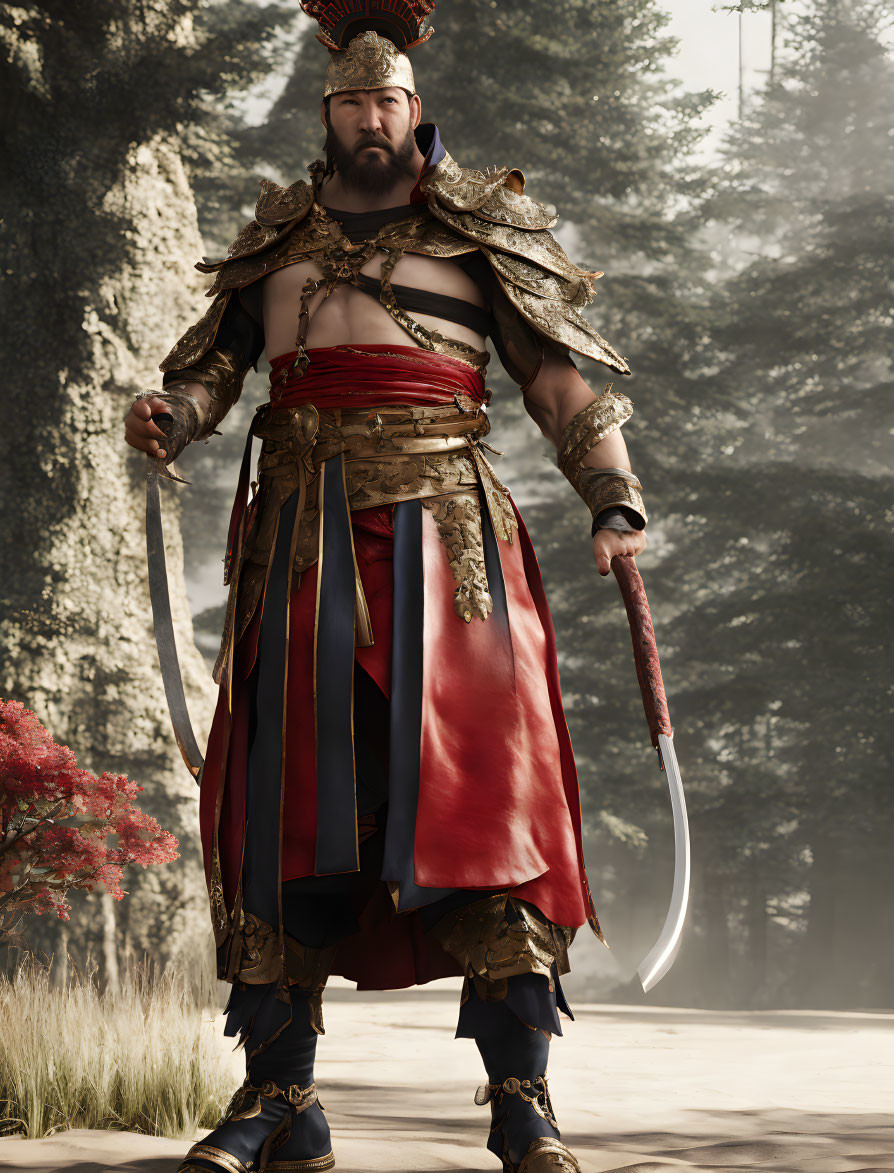 Digital image of warrior in ancient armor with sword in forest.