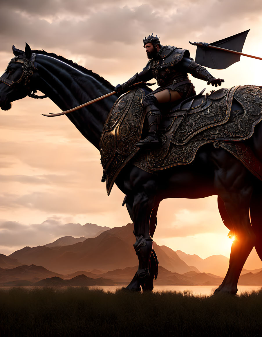 Armored knight on horse with lance against sunset and mountains
