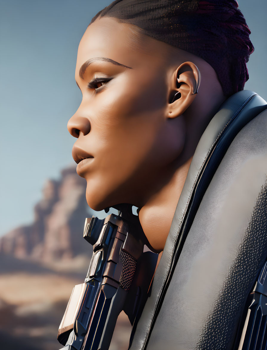 Futuristic armor on woman with braided hair in desert setting
