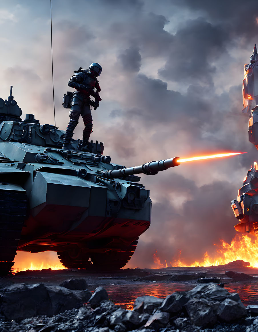 Futuristic soldier rappelling from tank with laser cannon in fiery battlefield