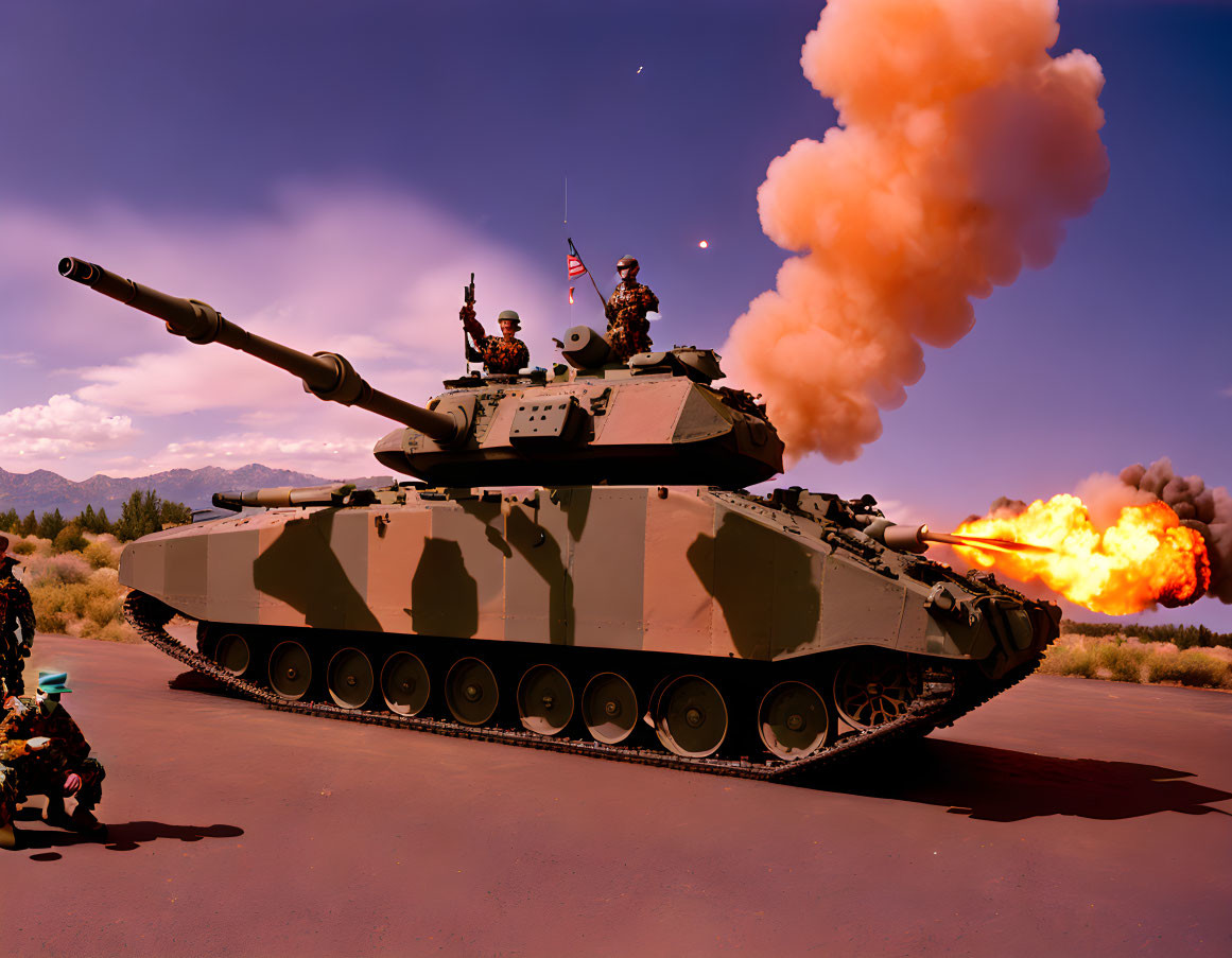 Military tank firing main gun with soldiers observing under purple sky