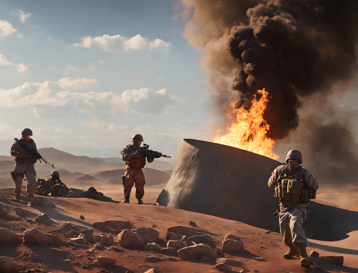 Military soldiers in combat gear advancing through desert with large fire and smoke plume.