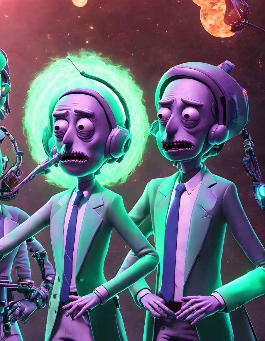 Cybernetic characters in suits against cosmic backdrop with glowing brains