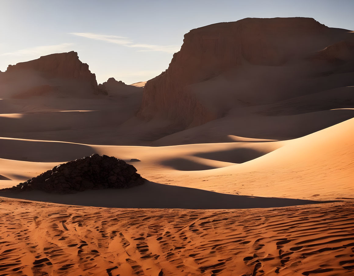 Tranquil desert landscape: smooth sand dunes, rock formations, and shadows at sunrise or sunset