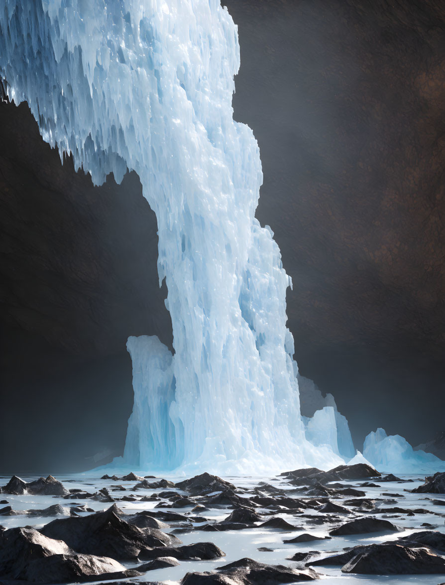 Translucent blue ice formation in cave cascading onto rocks