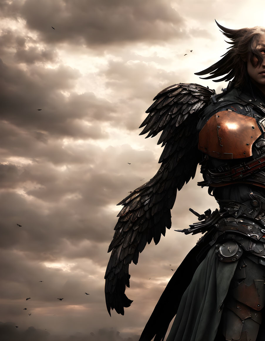 Dark Winged Figure in Armor Against Dramatic Sky