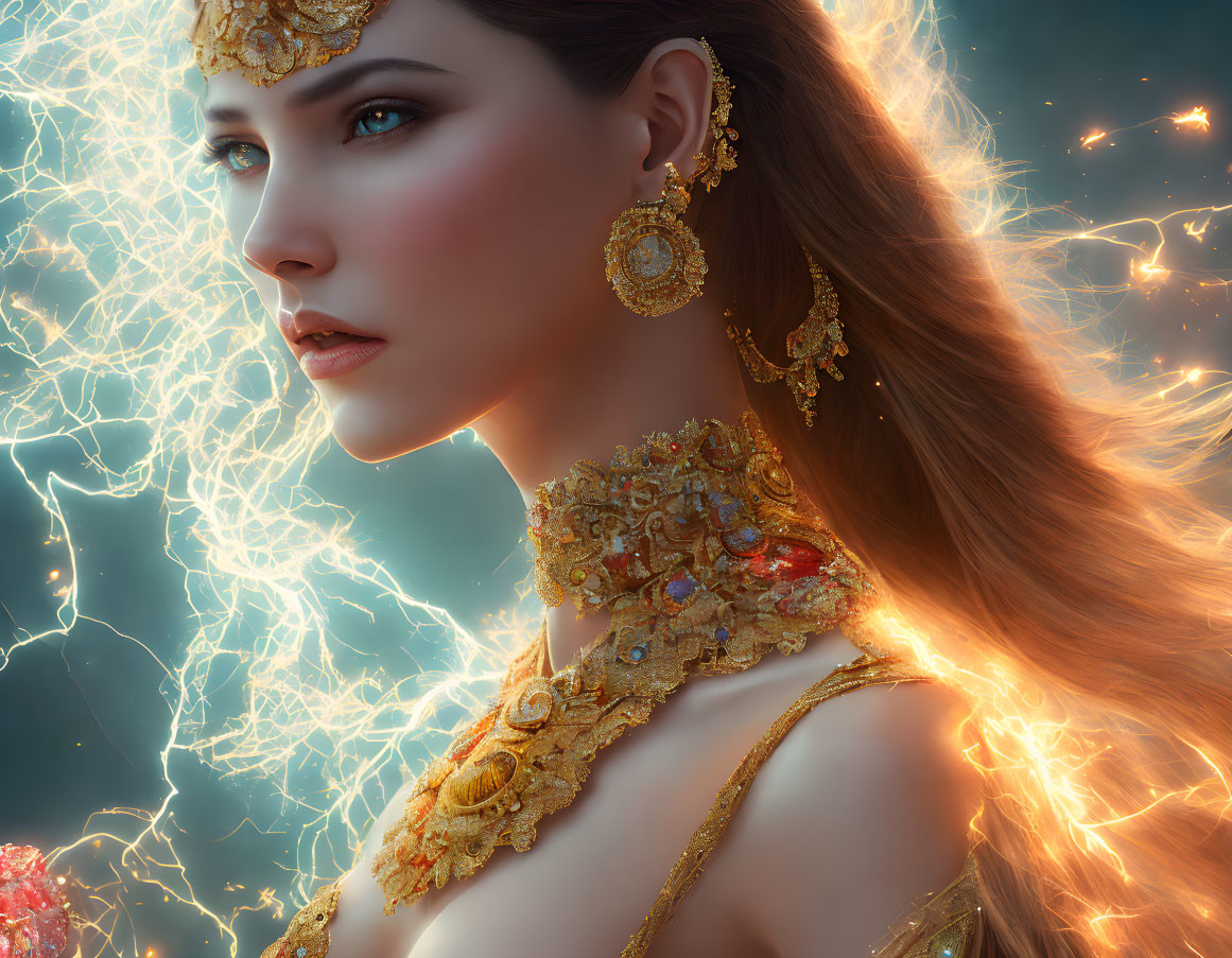 Woman in profile with ornate gold jewelry and glowing background light.