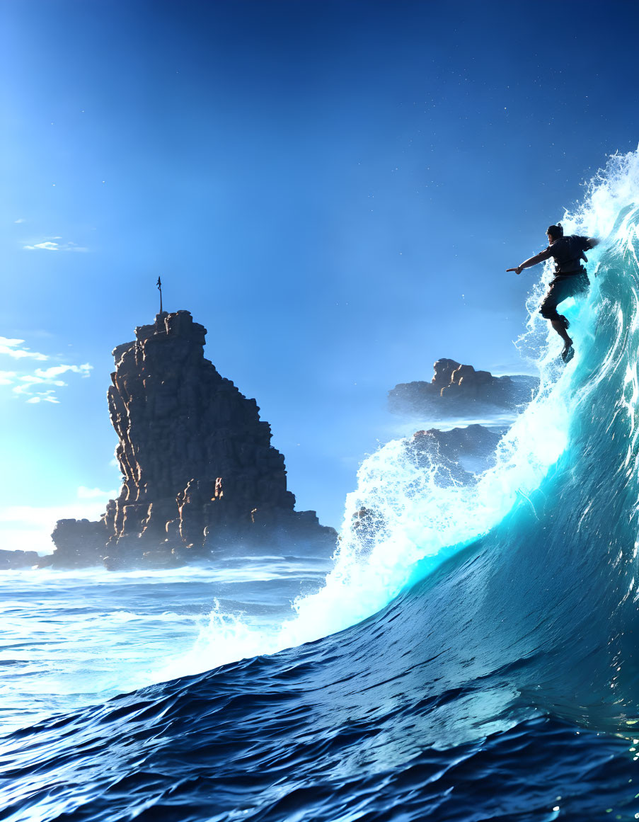 Surfer riding large wave with rocky formation and blue sky