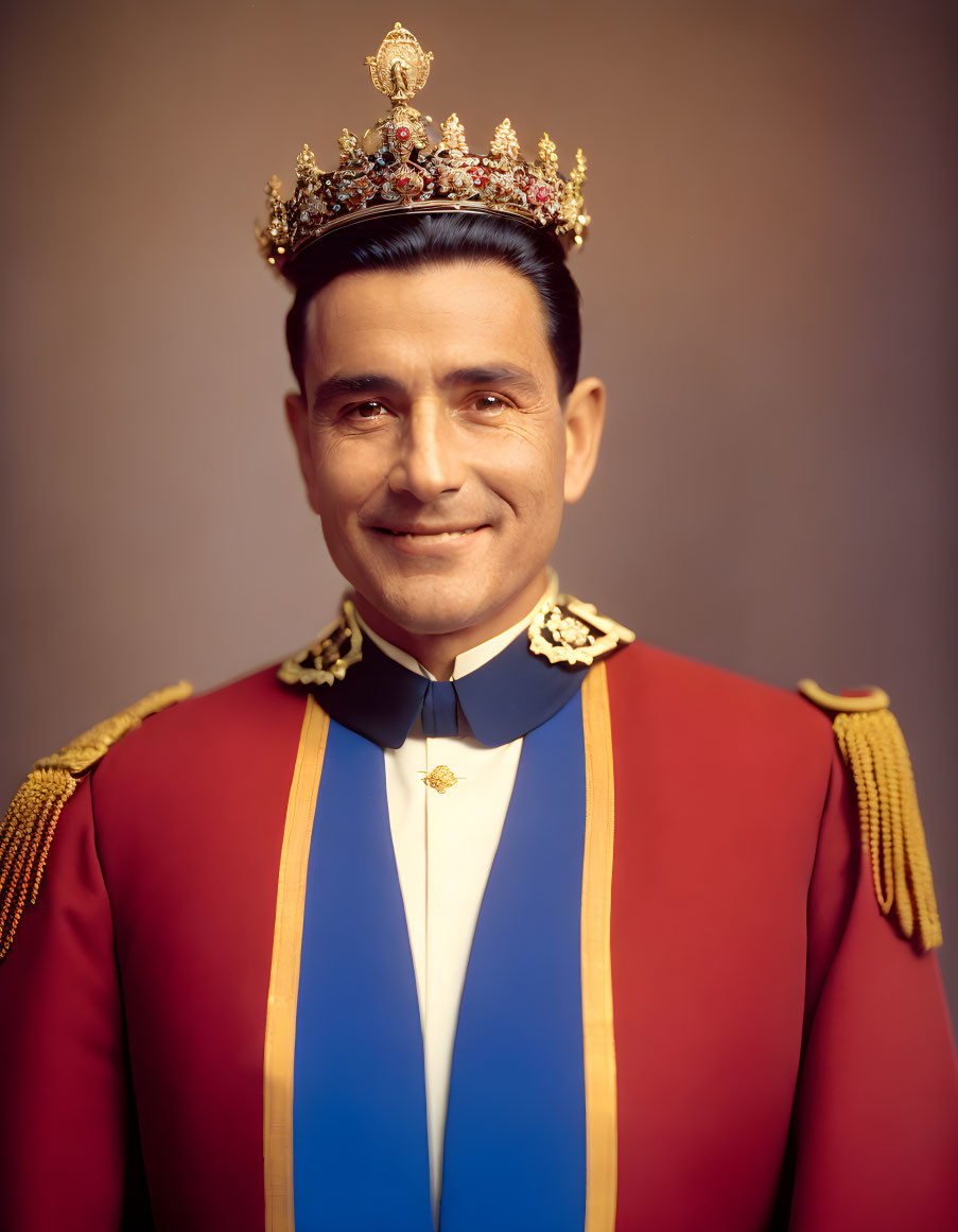 Smiling man in royal regalia with crown and decorations on brown background