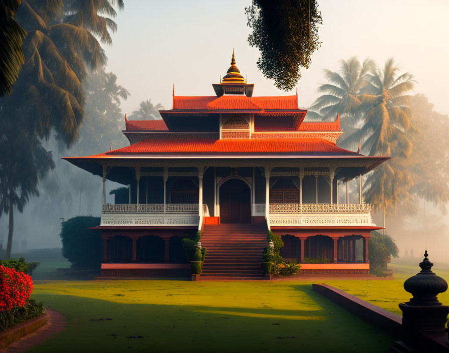 Traditional Red Building with Tiered Roof and Verandas Surrounded by Palm Trees in Foggy Morning Light
