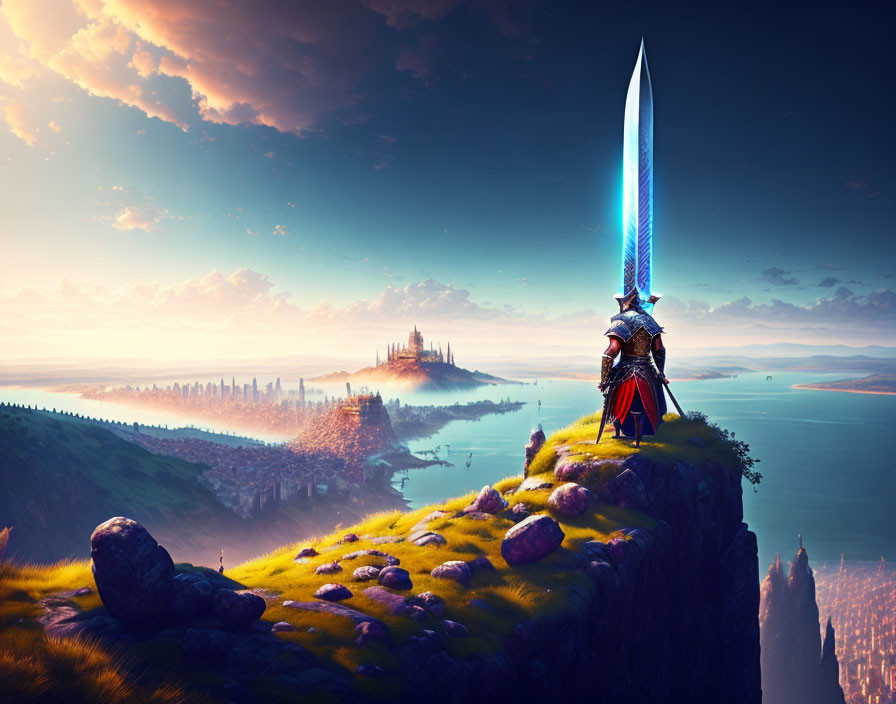 Knight in armor on cliff with mystical landscape and sword
