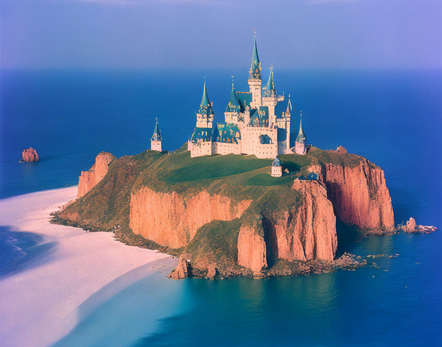 Castle with Multiple Spires on Cliff Island Surrounded by Blue Sea