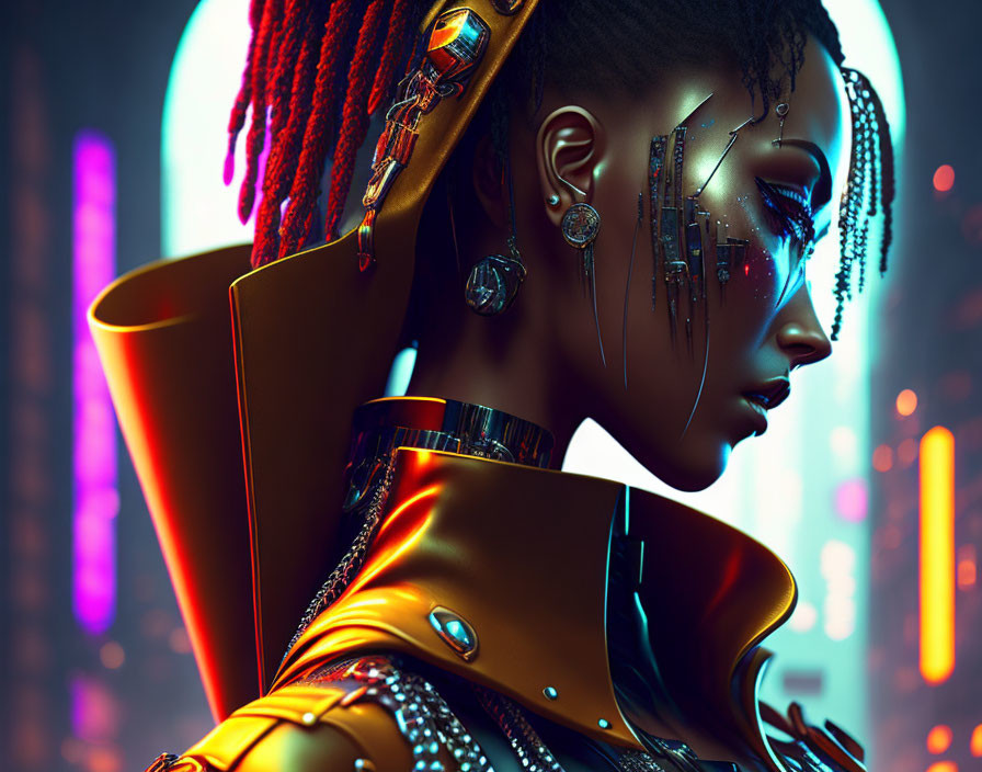 Futuristic Woman with Cybernetic Enhancements in Neon Cityscape