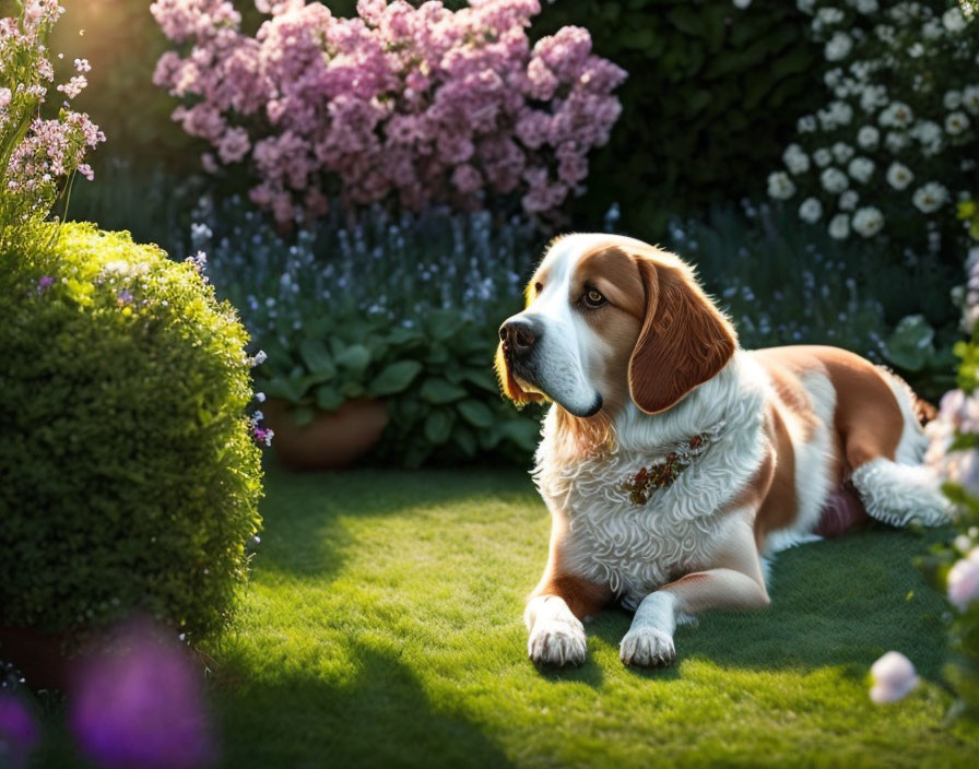 Brown and White Dog Resting on Grass with Purple Flowers and Greenery