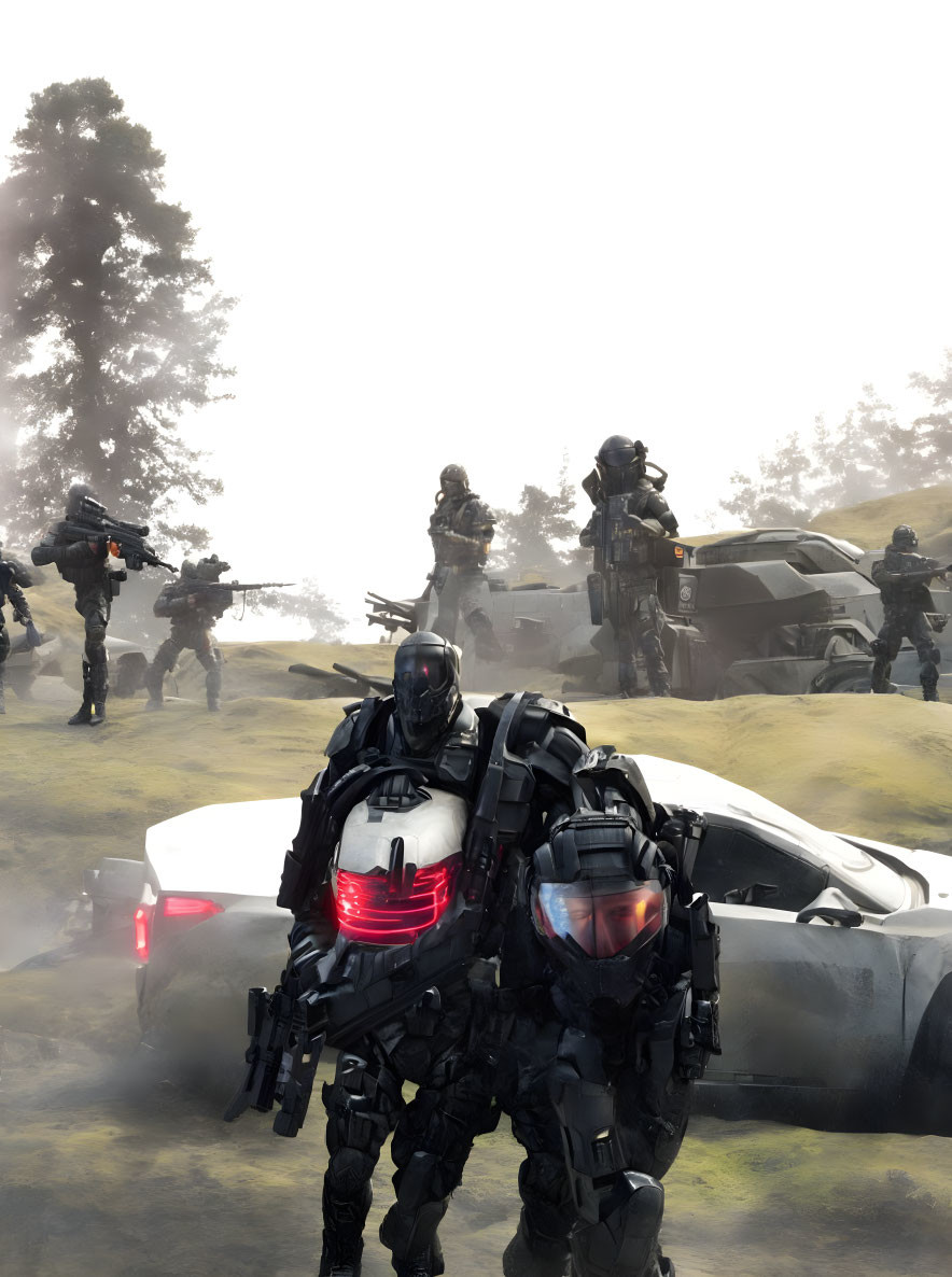 Futuristic soldiers in black armor with red visor lights in foggy forest setting