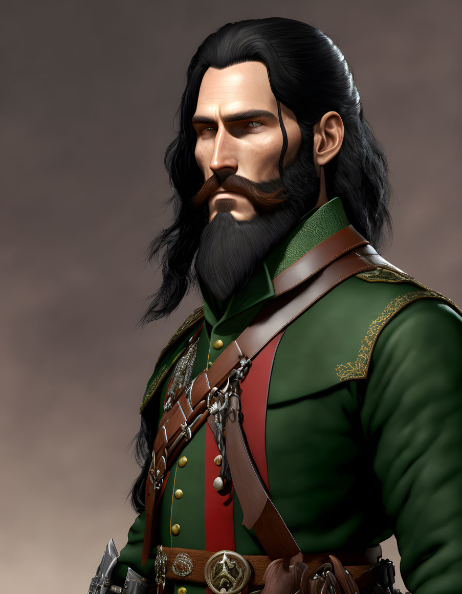 3D-rendered image of stern man in green military uniform