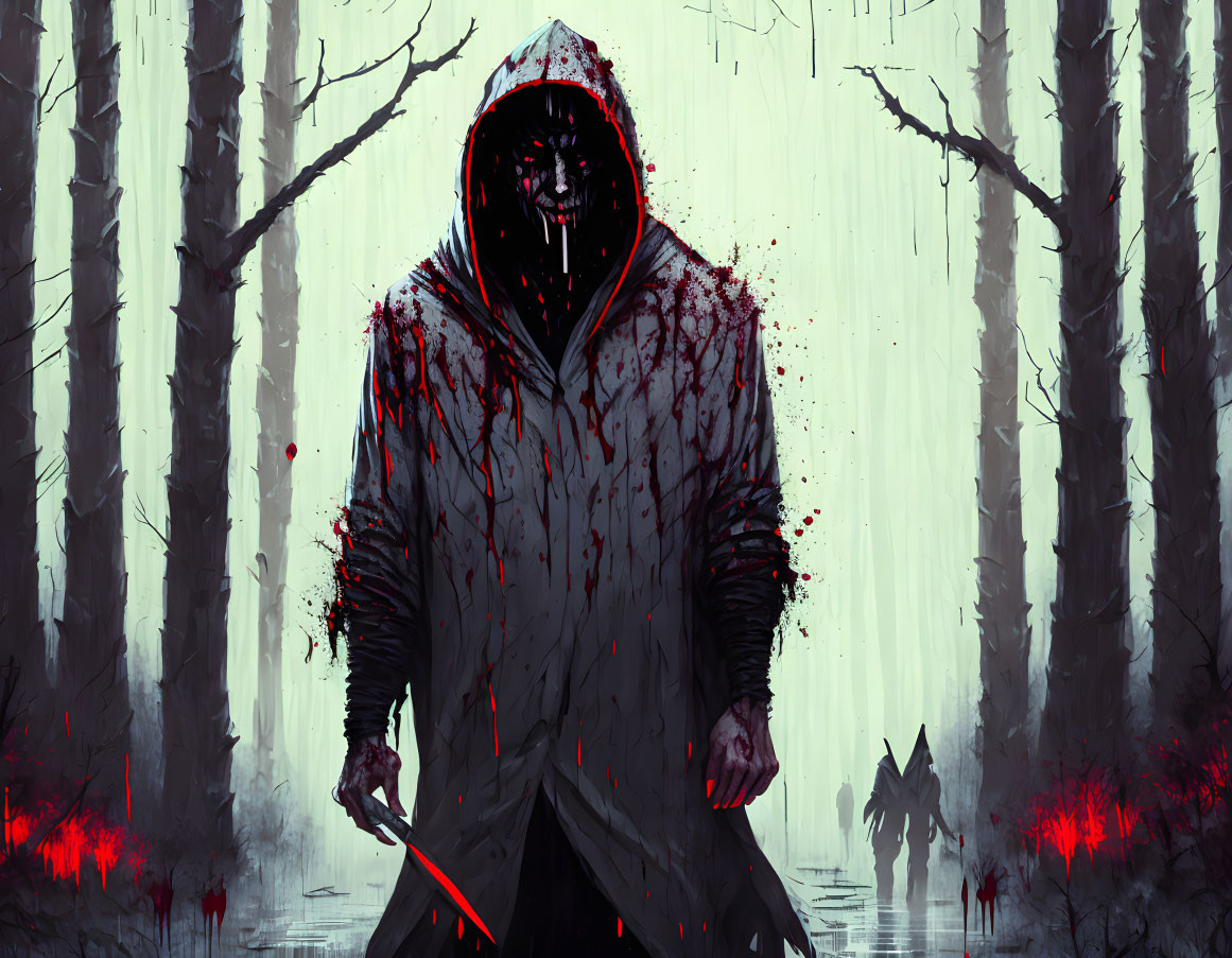 Mysterious Figure in Red Hooded Cloak in Gloomy Forest