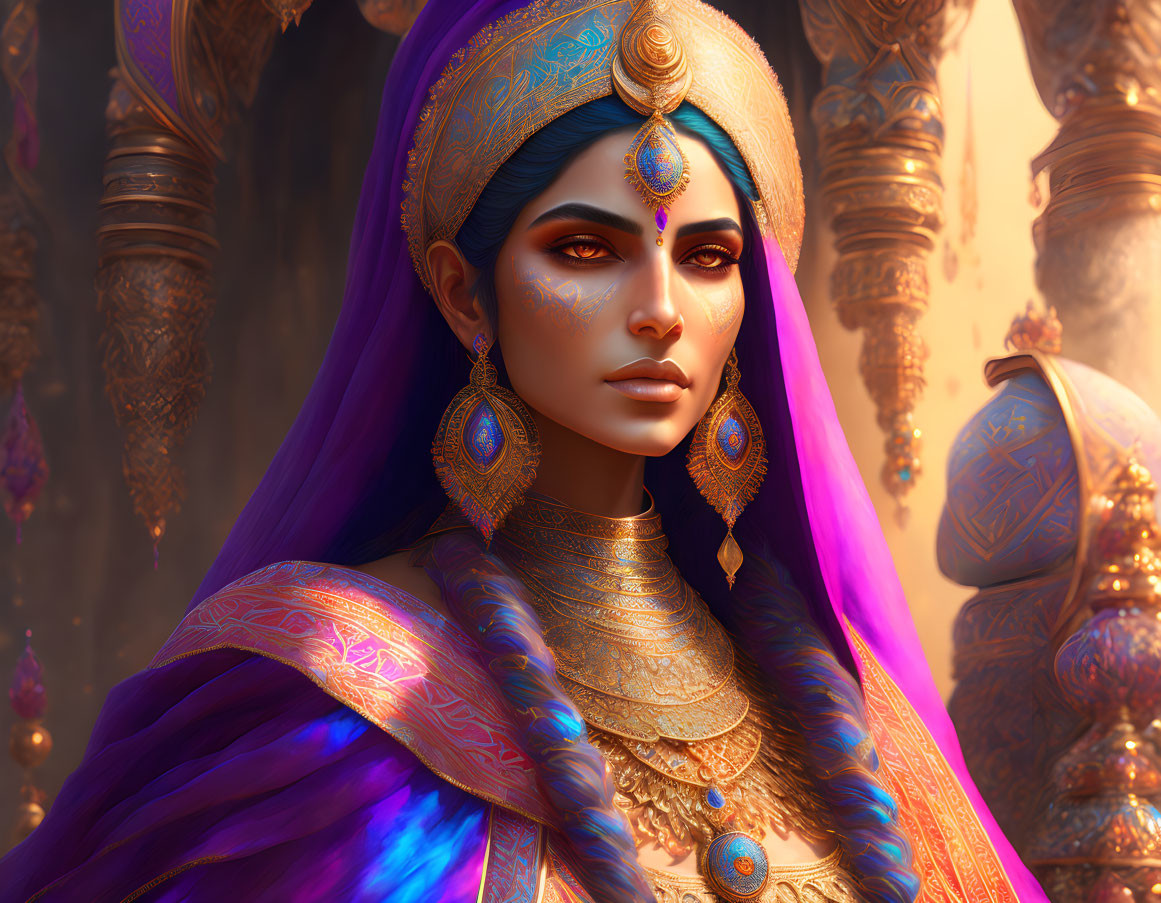 Regal woman portrait with gold jewelry and vibrant headpiece