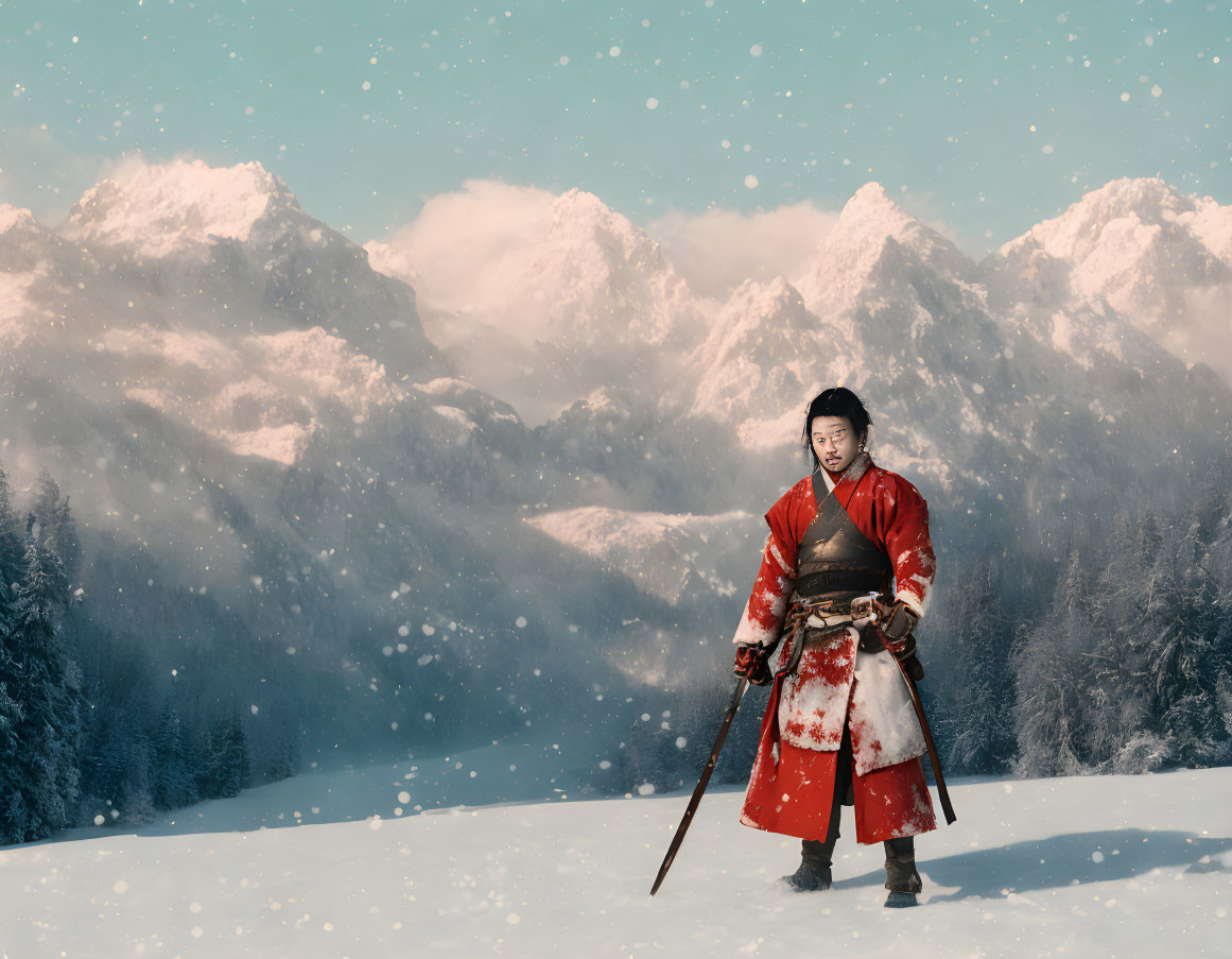 Samurai in Red Armor in Snowy Landscape