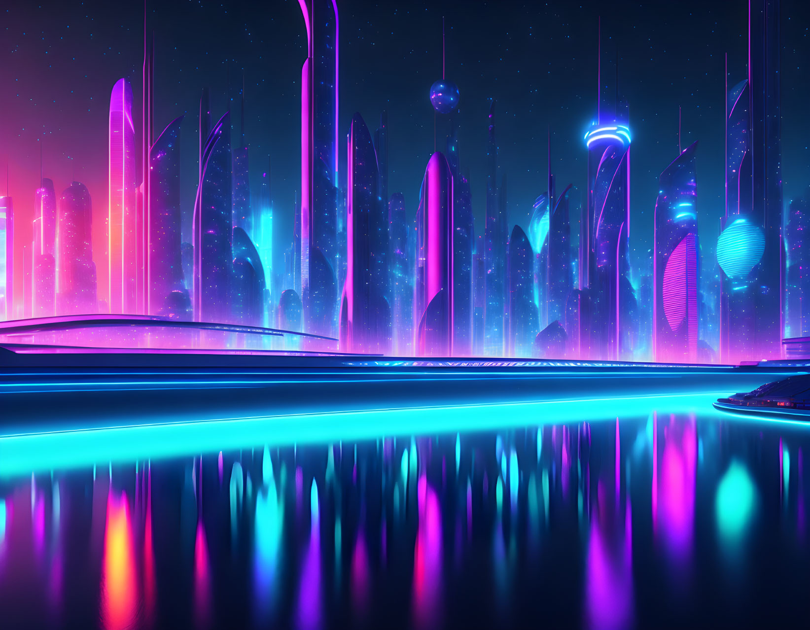 Futuristic neon-lit cityscape with vibrant colors