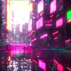 Vivid neon-lit futuristic cityscape at night with reflective billboards.