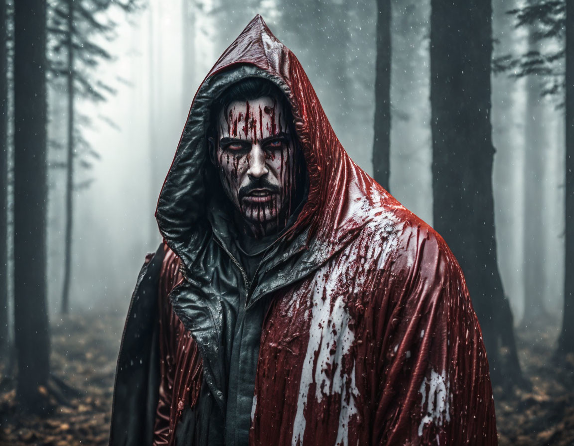 Blood-stained person in red cloak in misty forest