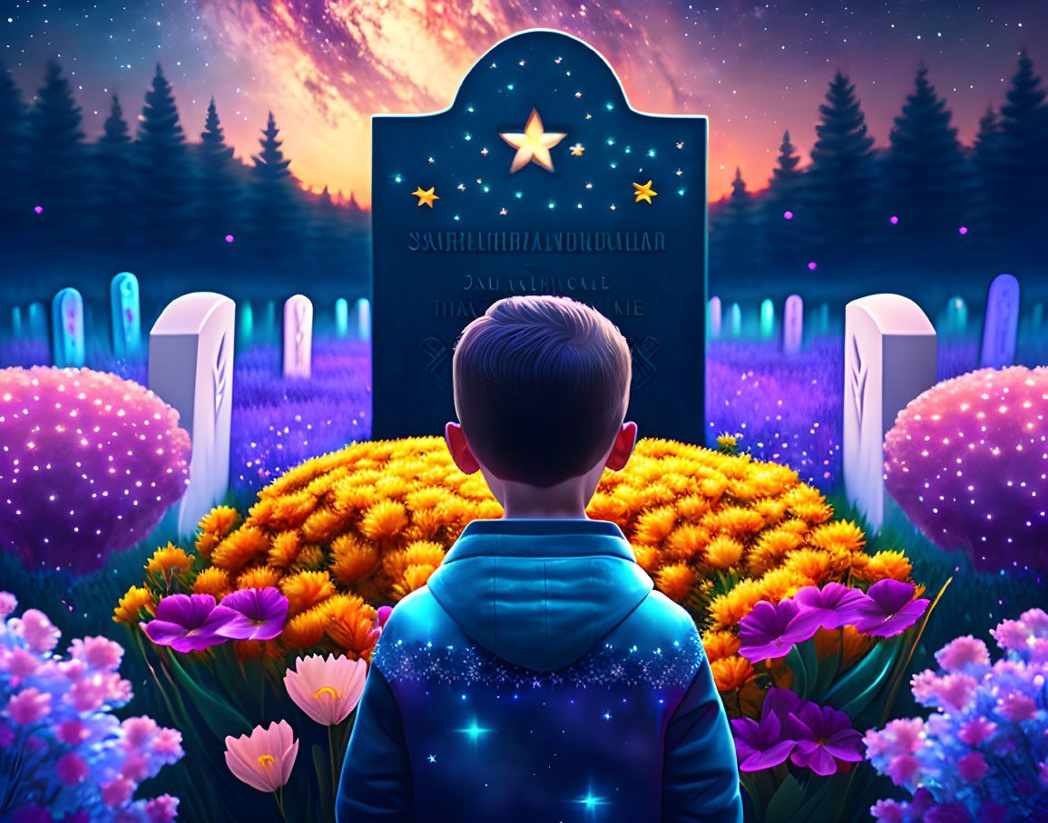 Child standing at vibrant starlit grave with glowing tombstones and colorful flowers.