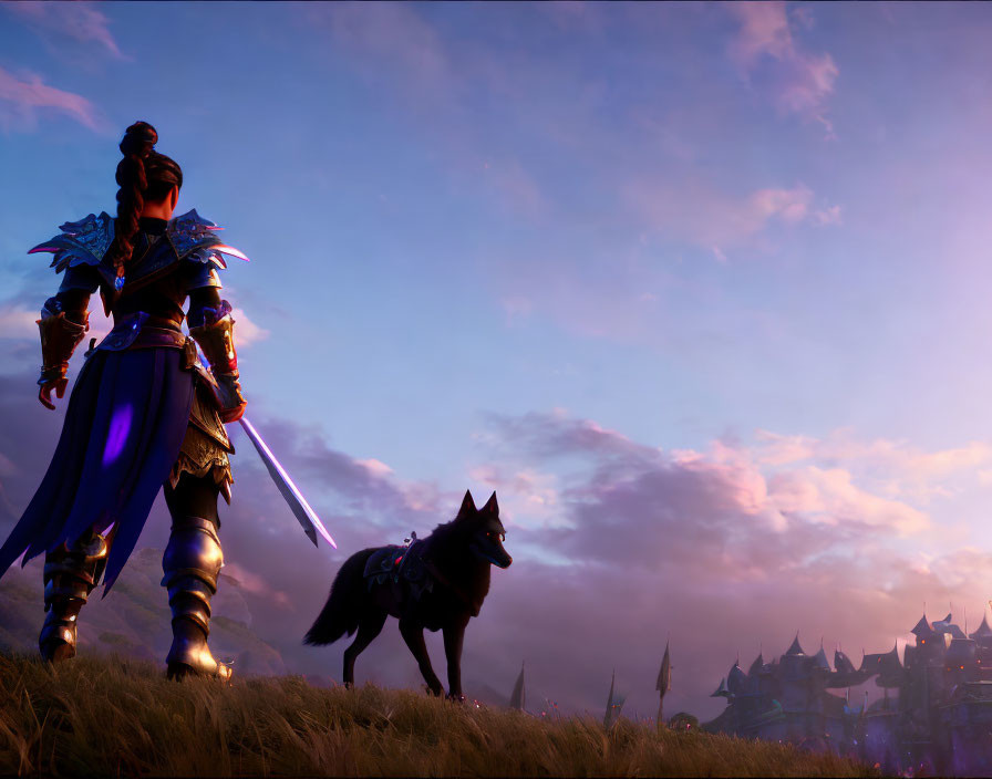 Blue-armored warrior with black wolf in purple sky scenery