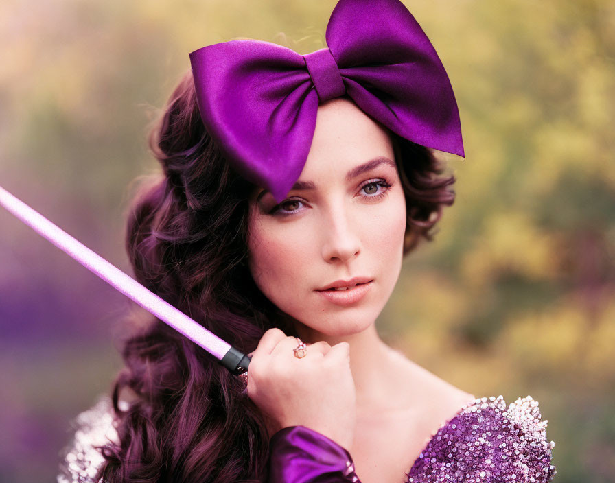Dark Curly-Haired Woman with Purple Bow and Lightsaber in Floral Background