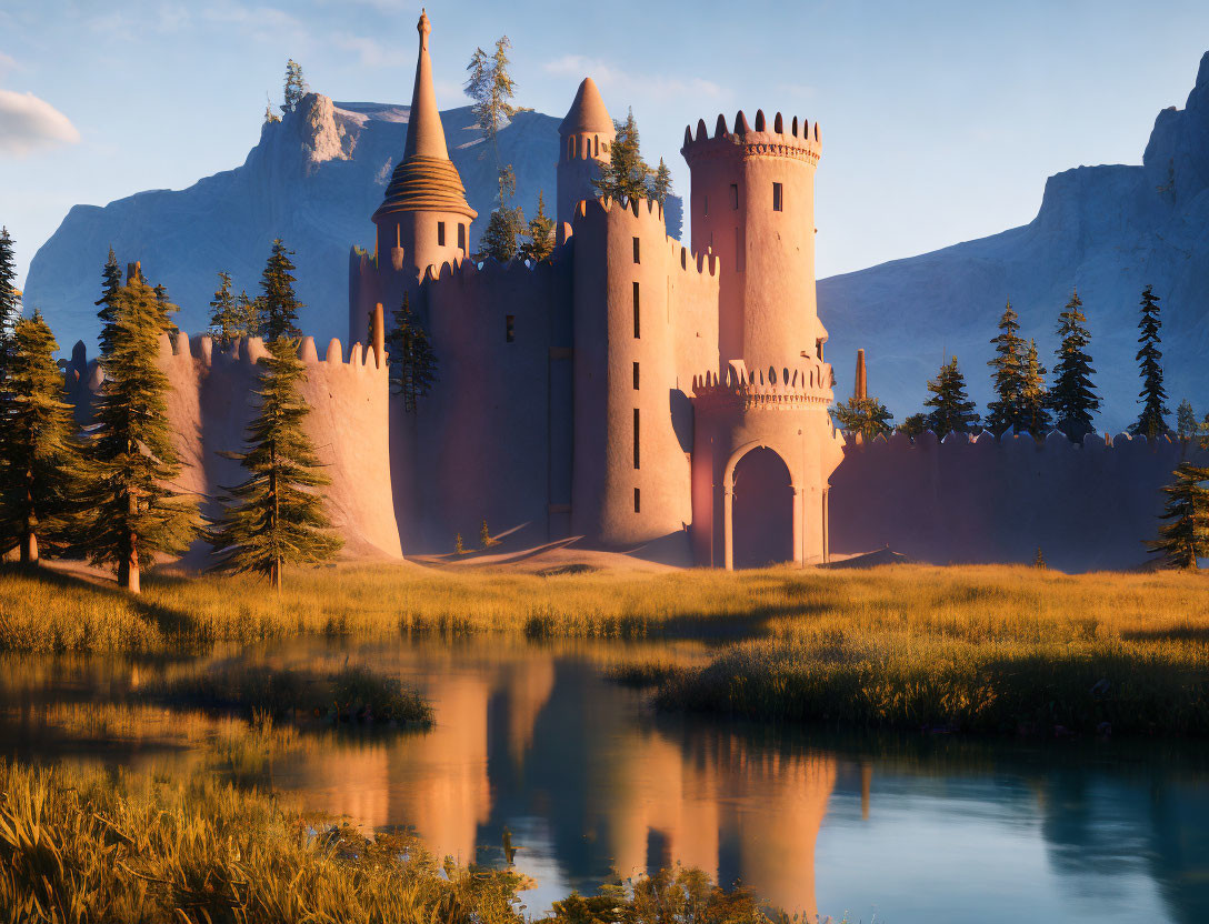 Castle with Tall Towers Reflected in River Amid Sunset Landscape