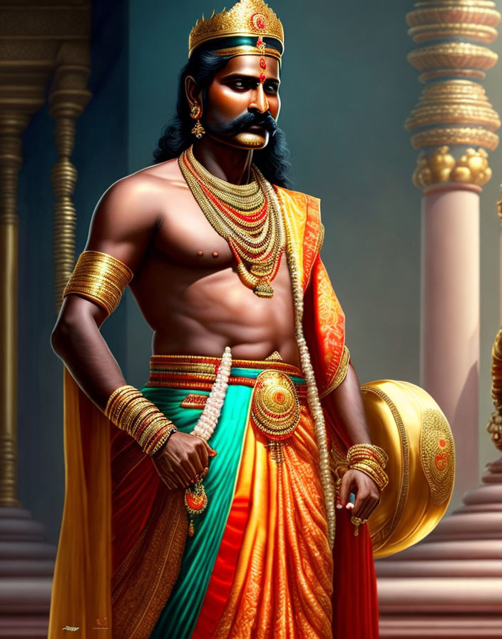 Traditional Indian Attire with Gold Jewelry and Shield on Majestic Figure