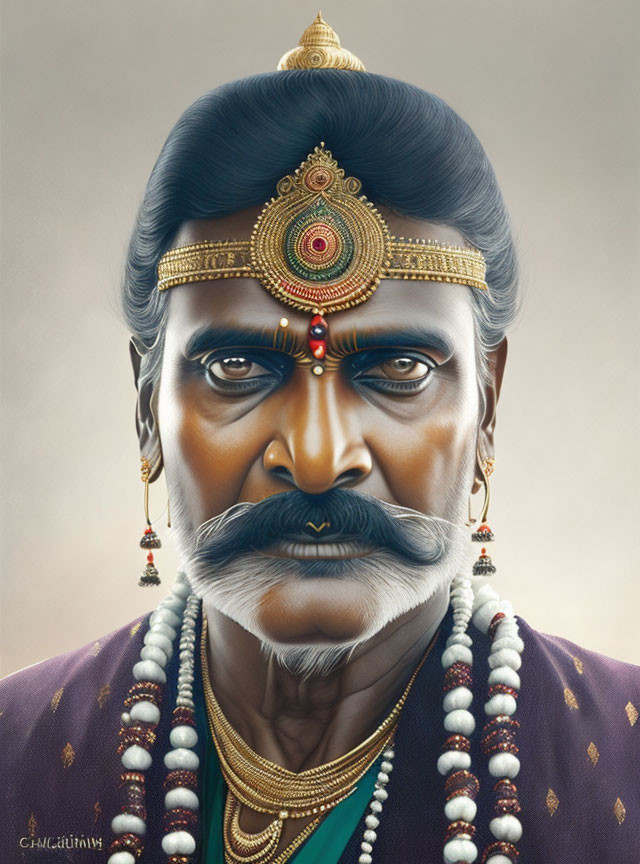 Illustration of man with mustache in traditional attire and stern expression