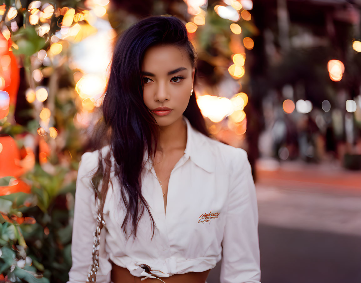 Dark-haired woman in white shirt with chain shoulder bag against city lights backdrop