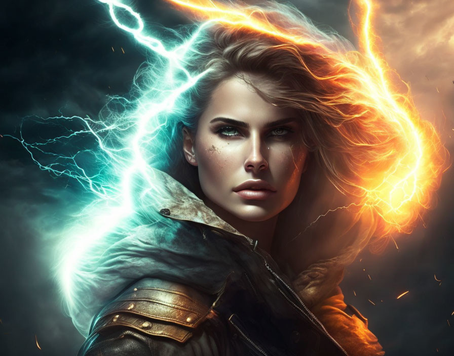 Digital Artwork: Woman with Intense Eyes Amid Lightning and Stormy Wind