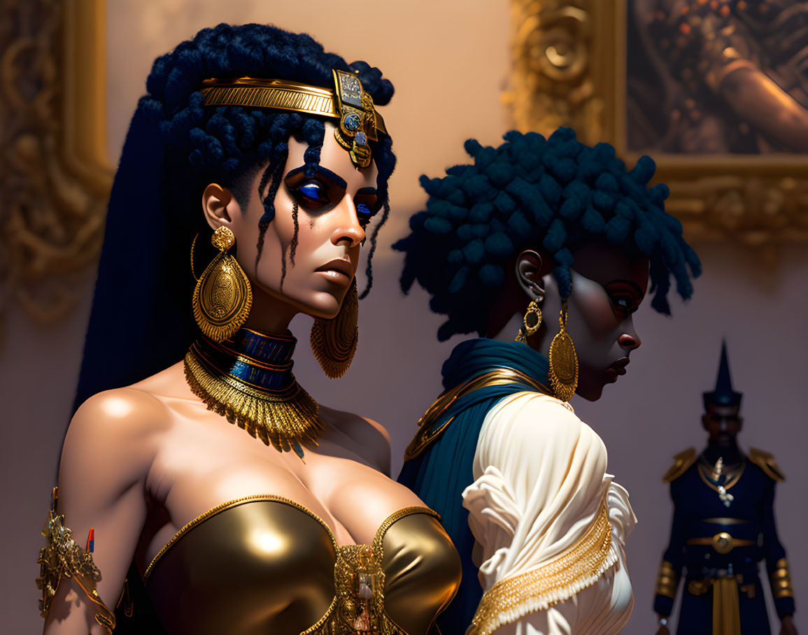 Stylized female figures with ornate gold jewelry and elaborate hairstyles in opulent fantasy theme