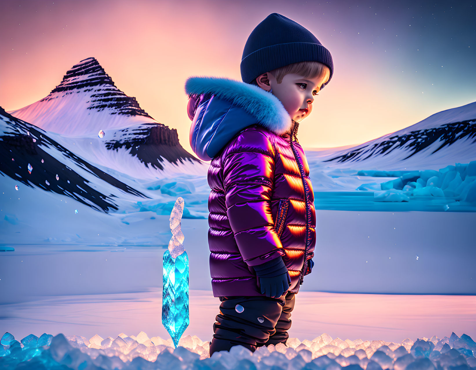 Child in Purple Jacket Surrounded by Ice Crystals and Snowy Mountains at Twilight