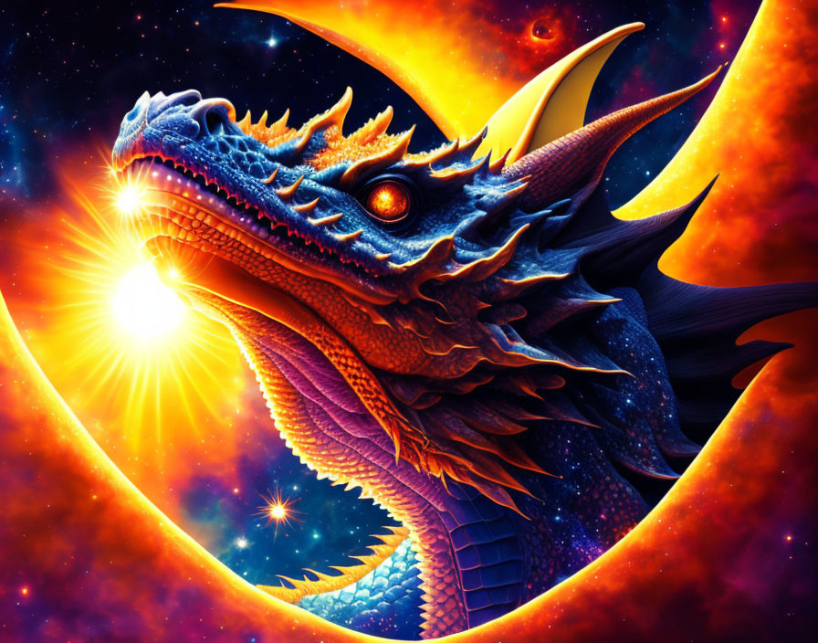 Colorful Dragon Illustration with Cosmic Background