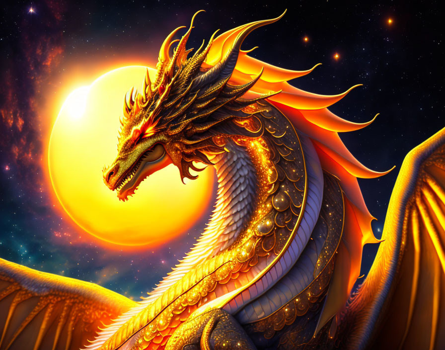 Golden dragon with fiery wings against cosmic backdrop