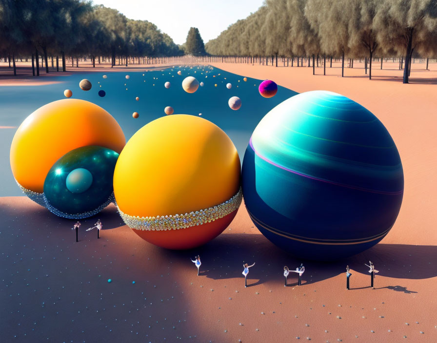 Colorful orbs and small figures in surreal landscape with cosmic backdrop