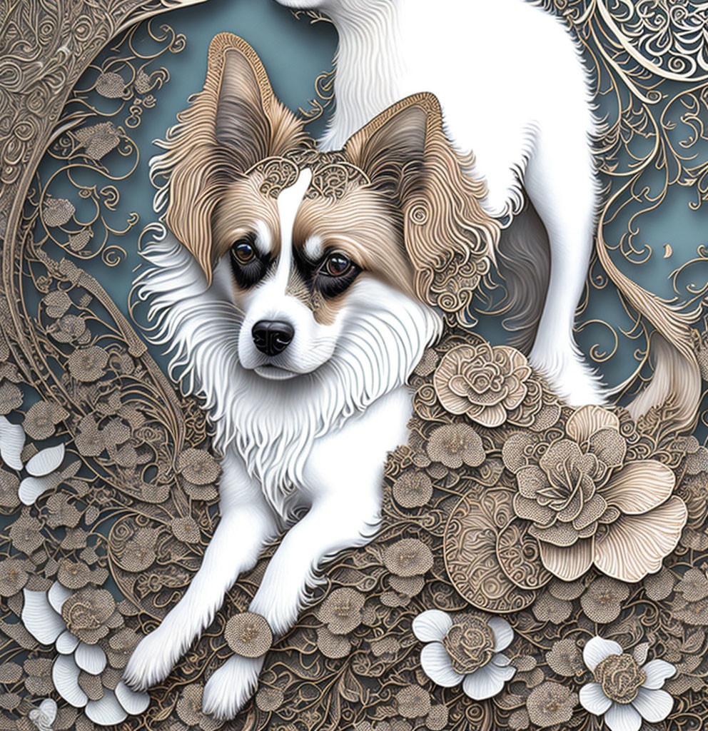 Fluffy Dog Illustration with Floral and Swirl Patterns in Beige, White, and Blue Palette