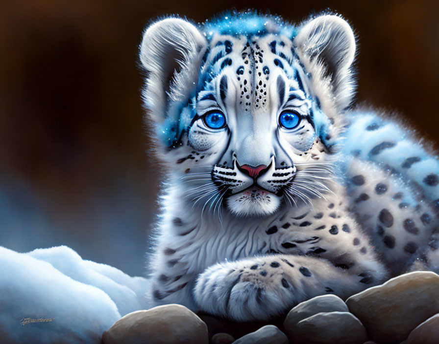 Snow leopard cub digital artwork with blue eyes and spots on rocks.