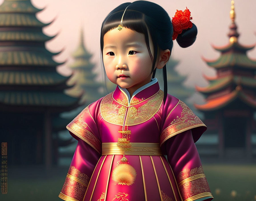 3D-rendered image of young girl in traditional Asian attire with pagodas in soft-hued