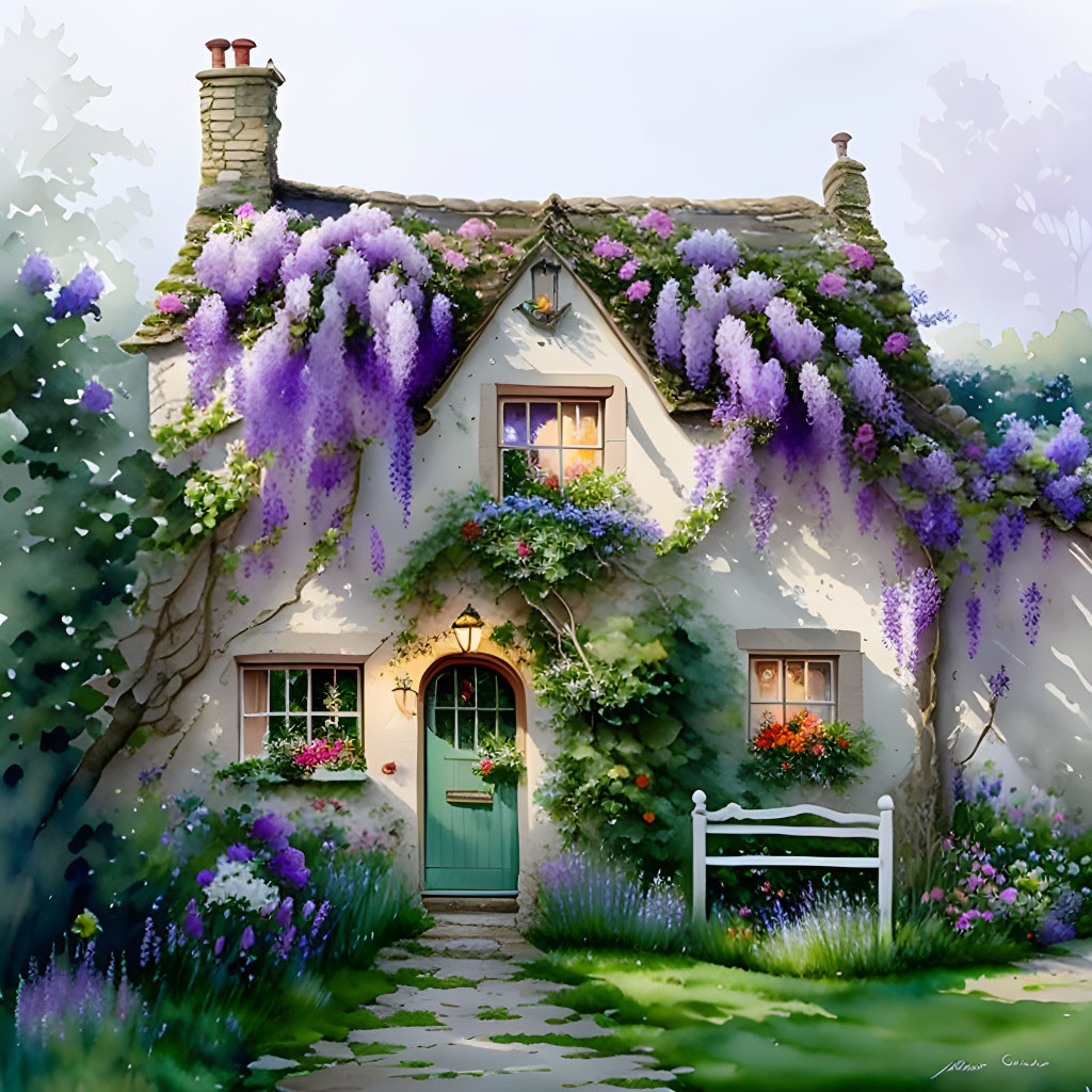 Purple wisteria-covered cottage with thatched roof and circular door in lush garden