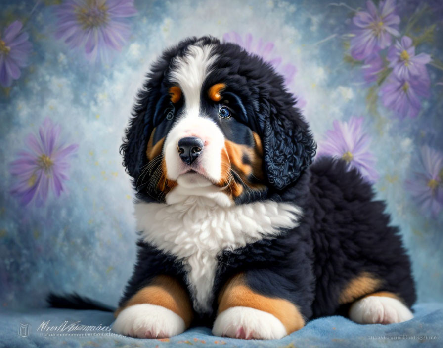 Fluffy Tricolor Bernese Mountain Dog Puppy in Soft Blue Tones