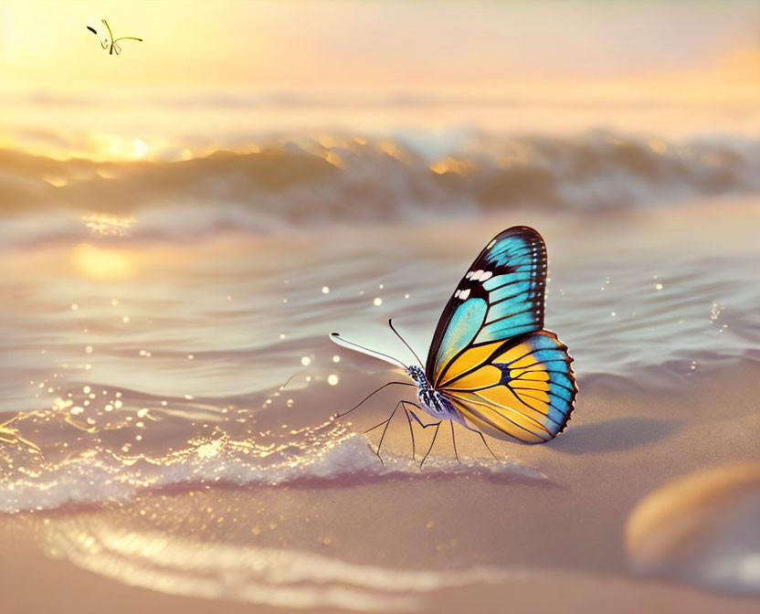 Colorful butterfly on sandy beach with approaching waves at sunset