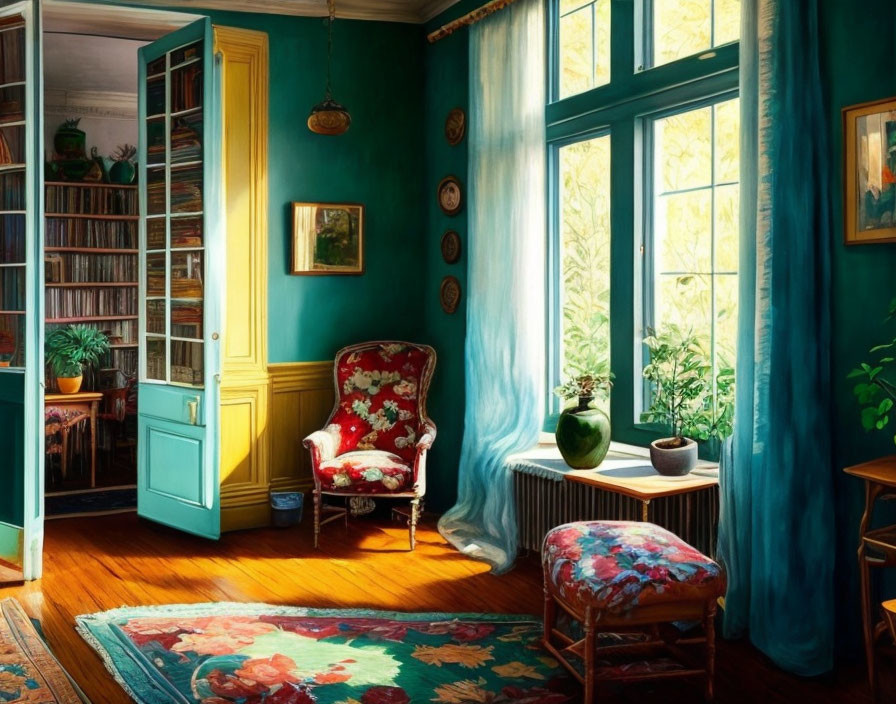 Sunlit Reading Nook with Armchair and Books