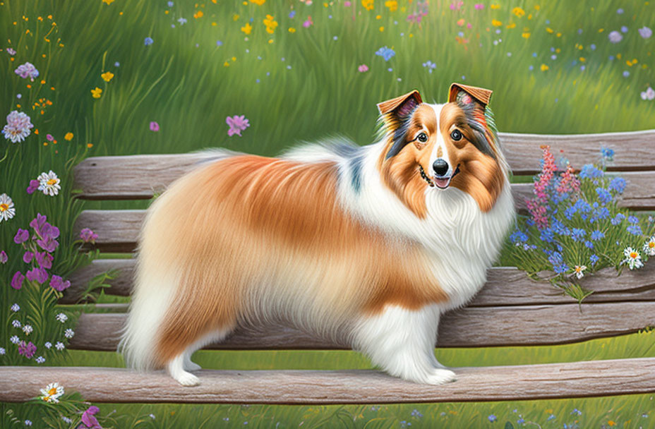 Shetland Sheepdog on Wooden Fence in Colorful Meadow