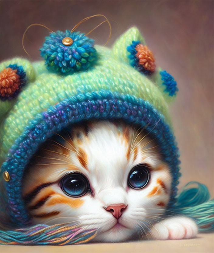 Adorable kitten in green knitted hat with big eyes