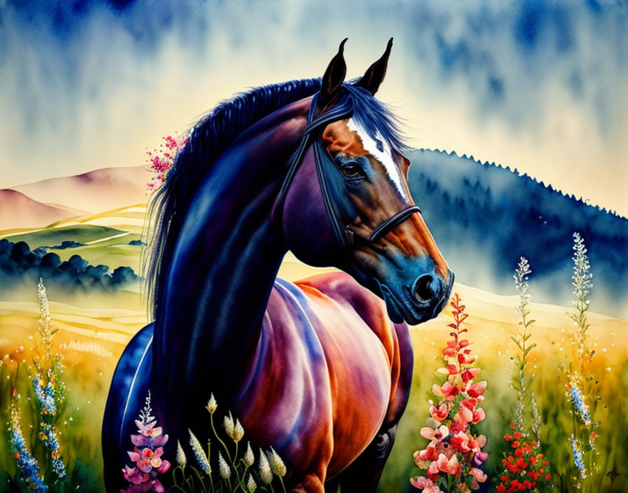 Brown horse with black mane and pink flowers in vibrant painting